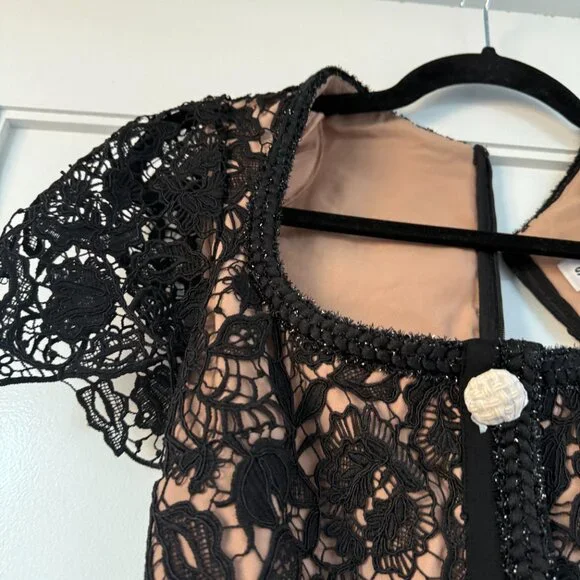 NWT Self-Portrait Guipure Lace Mini Dress In Black Gold-tone Buttons Square Neck - Picture 5 of 7